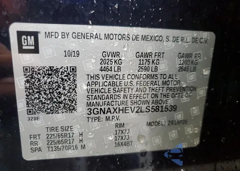 2020 Chevrolet Equinox Ls из США, поврежденный, VIN 3GNAXHEV2LS581539